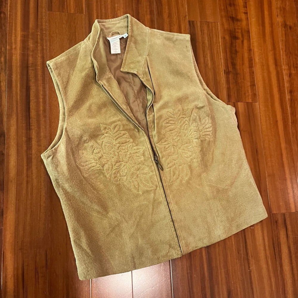 Suede Leather Vest Western Boho Coldwater Creek Tan Floral Zip Front Size Small